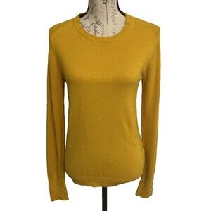Zara Women's Size Large Pullover Soft Sweater Mustard Yellow White Faux Pearls